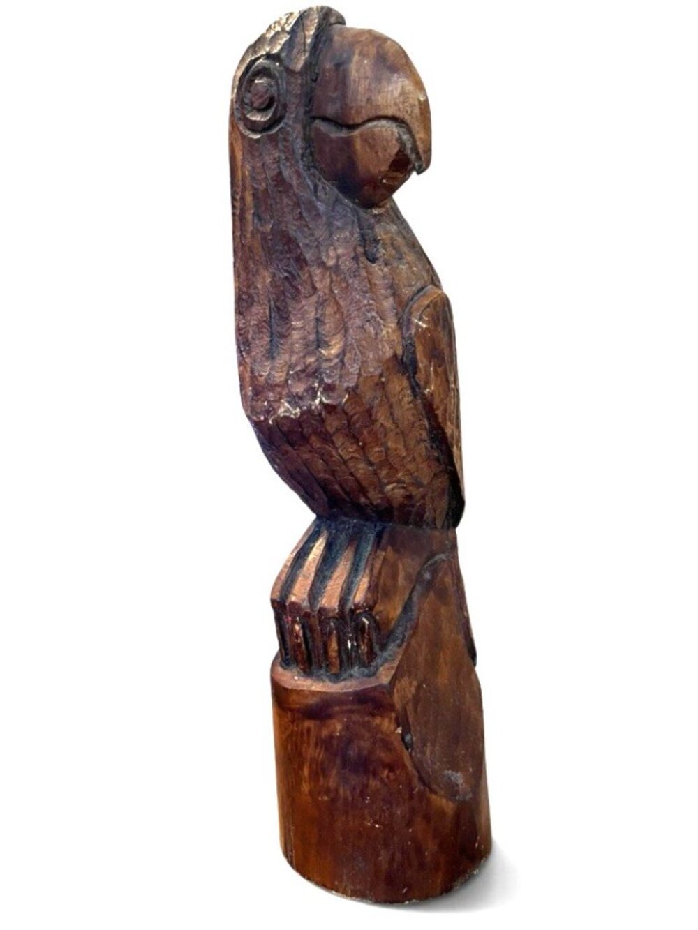 Vintage Hand Carved Wood Macaw Parrot Sculpture On Wood Base Stained